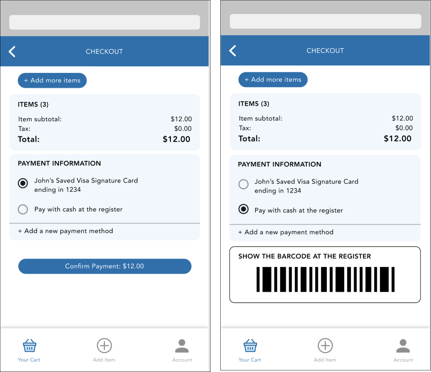 the mid-fi mockup of checkout interface mobile version